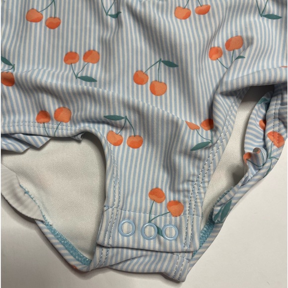 Long sleeve rash guard swimsuit 9M baby blue stripe with peach cherries zip snap - Picture 3 of 6